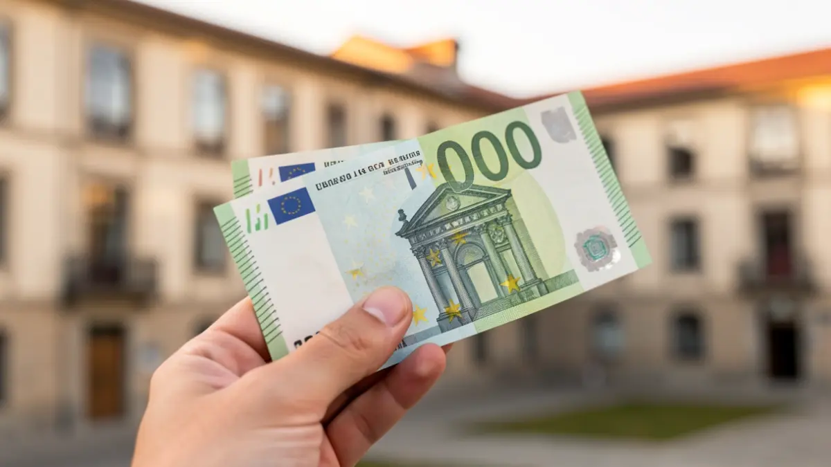 Primeiro plano dunha man sostendo un billete de 10.000 euros, con edificios educativos borrosos ao fondo.