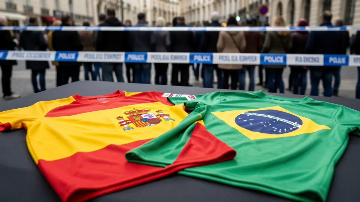 Primer plano de camisetas de fútbol falsificadas de España y Brasil sobre una superficie oscura, con cinta policial difuminada al fondo.