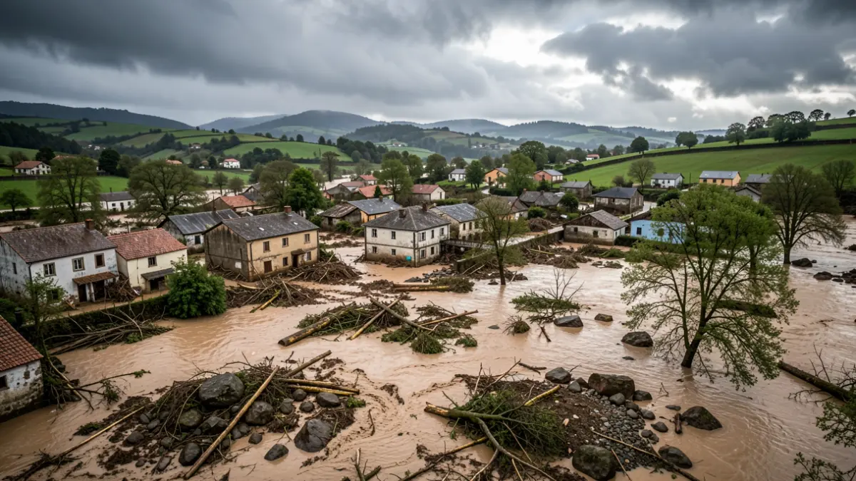 Imaxe xenérica de devastación por inundación nunha aldea galega.