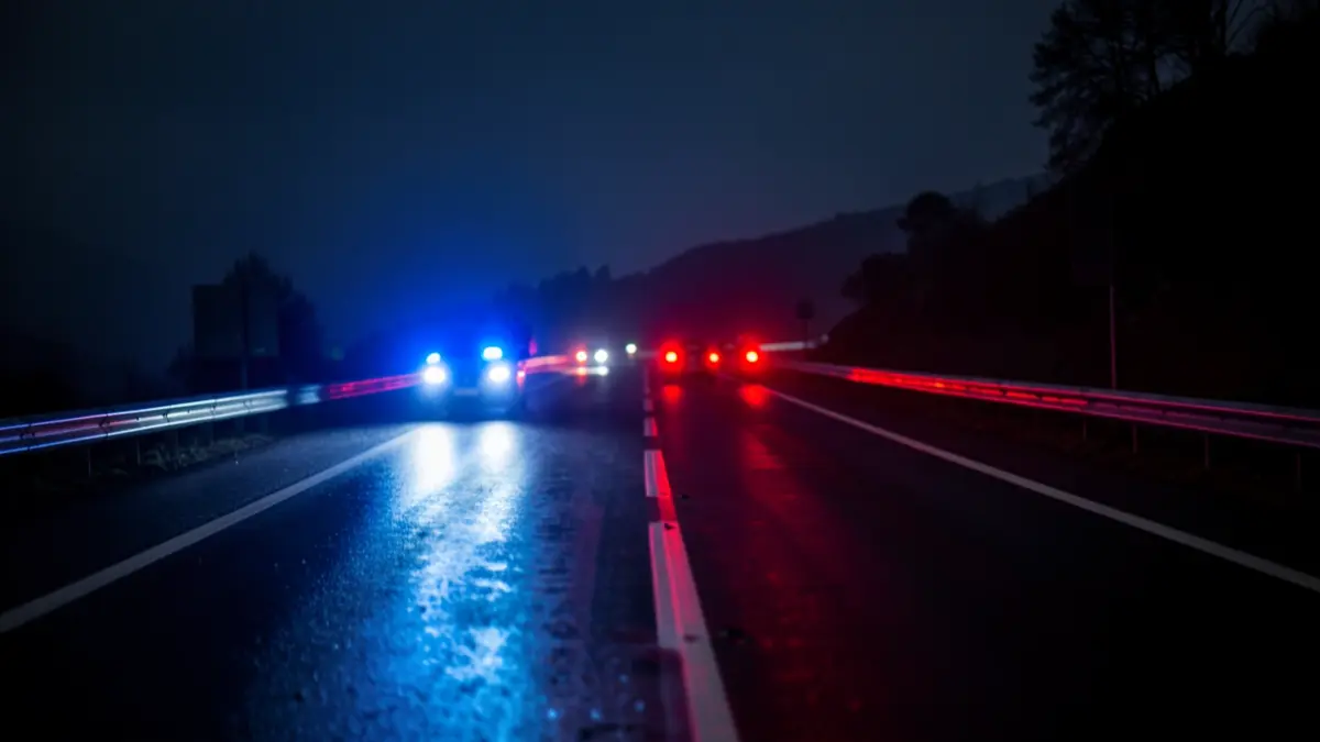 Imagen genérica de luces de emergencia azules y rojas reflejando en una carretera mojada por la noche.