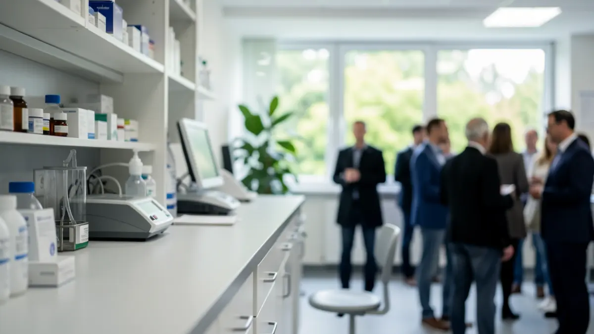 Imaxe xenérica dun interior de farmacia hospitalaria con equipos médicos e un toque de natureza.