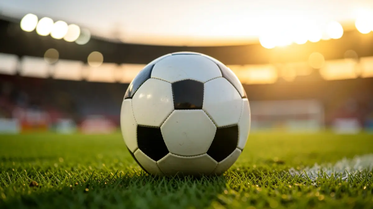 Imaxe xenérica dun balón de fútbol sobre o céspede dun estadio.