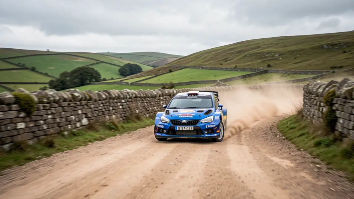 Imaxe dun coche de rally correndo nunha estrada de terra en Galicia.