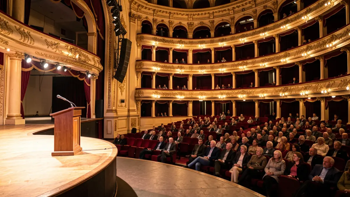 Interior dun teatro con arquitectura ornamentada e asentos baleiros.