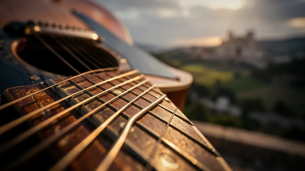 Primeira plana dunha guitarra eléctrica antiga con detalles intrincados, foco de luz cálida e atmosfera de blues.