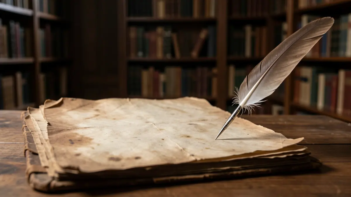 Un pergamiño antigo cunha pluma pousada ao seu carón nunha biblioteca con libros vellos.