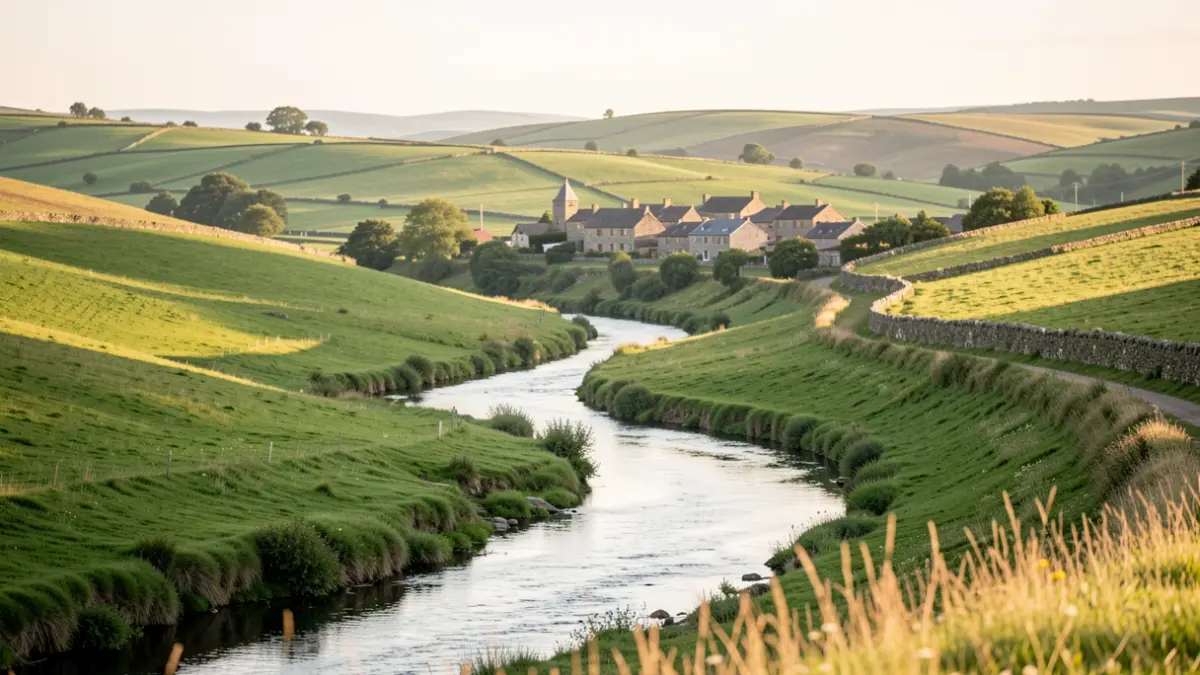 Imagen genérica de un paisaje rural gallego con río y pueblo.