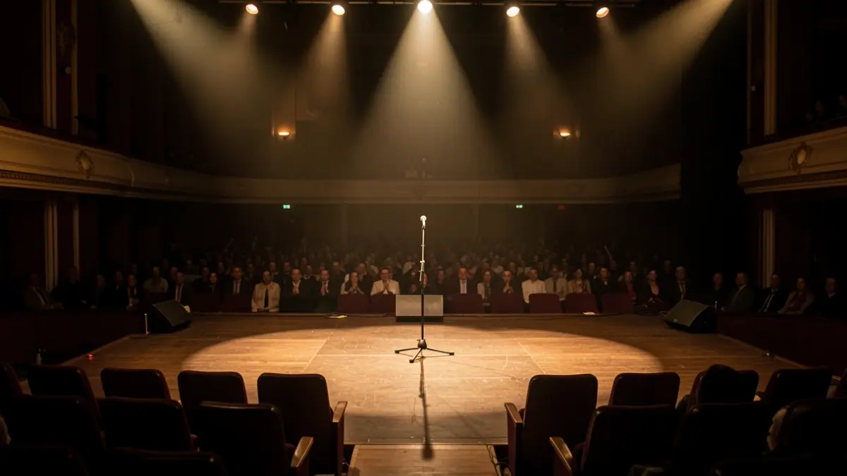 Imaxe xenérica dun escenario de concerto baleiro en Galicia con focos de luz.