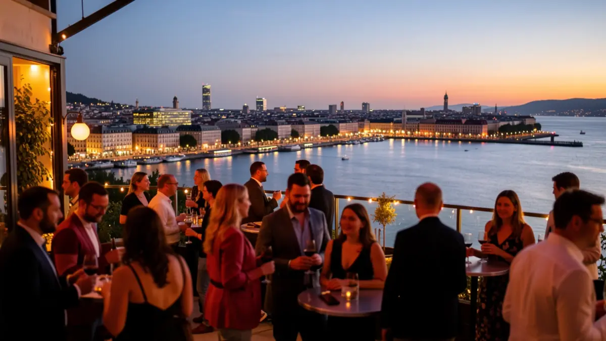 Imagen genérica de una terraza con gente disfrutando de la música y las vistas al anochecer.