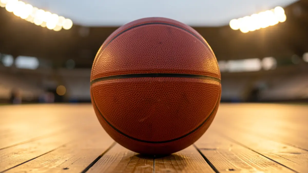 Primeira vista dun balón de baloncesto nunha cancha de madeira.