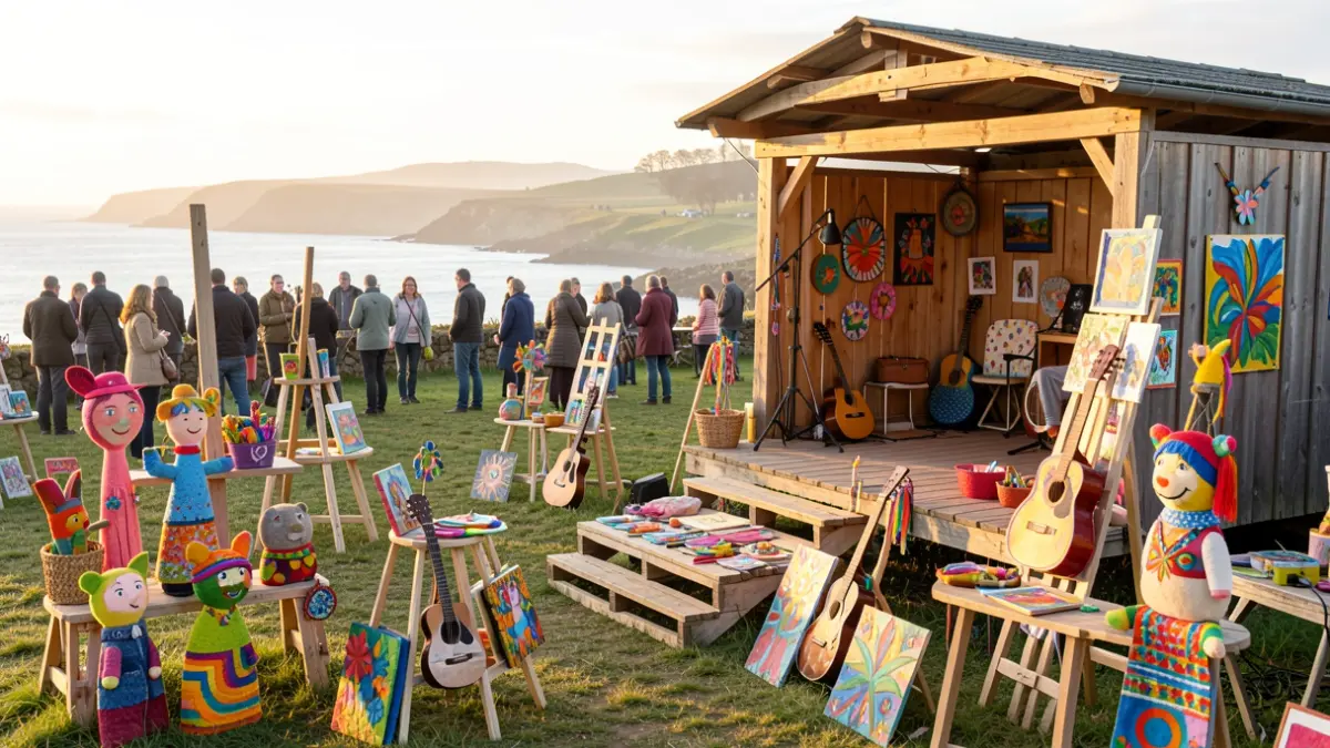 Imagen de un festival de arte al aire libre en Galicia con talleres creativos y música.