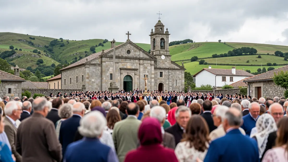 Imagen genérica de una romería tradicional gallega en O Corpiño, Lalín, con gente y arquitectura de granito.