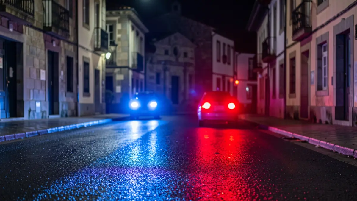 Imaxe xenérica de luces de emerxencia azuis e vermellas reflectidas no asfalto mollado pola noite.