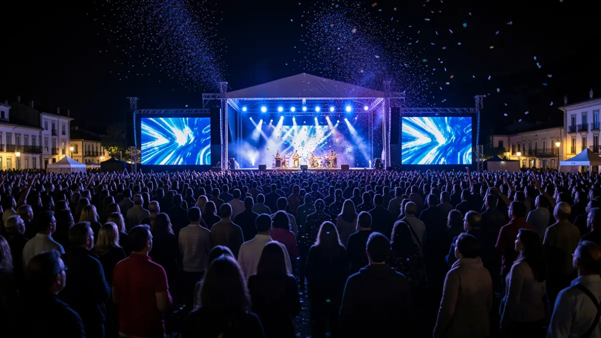 Imagen genérica de un festival de música al aire libre en Galicia con público y luces de escenario.