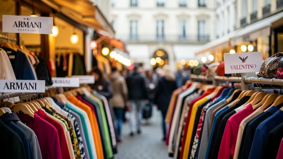 Imaxe xenérica dun mercado con roupa de marca desenfocada.