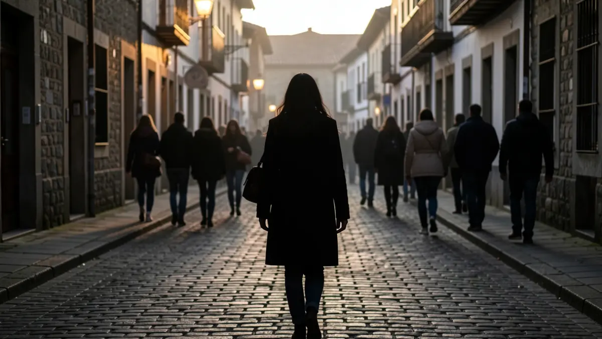 Imagen genérica de una mujer joven caminando sola por una calle poco iluminada al amanecer.