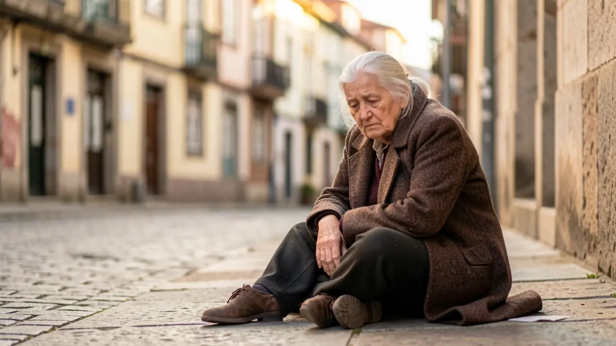 Imagen de una mujer mayor sentada en una acera de Lugo, con aspecto débil y desorientada.