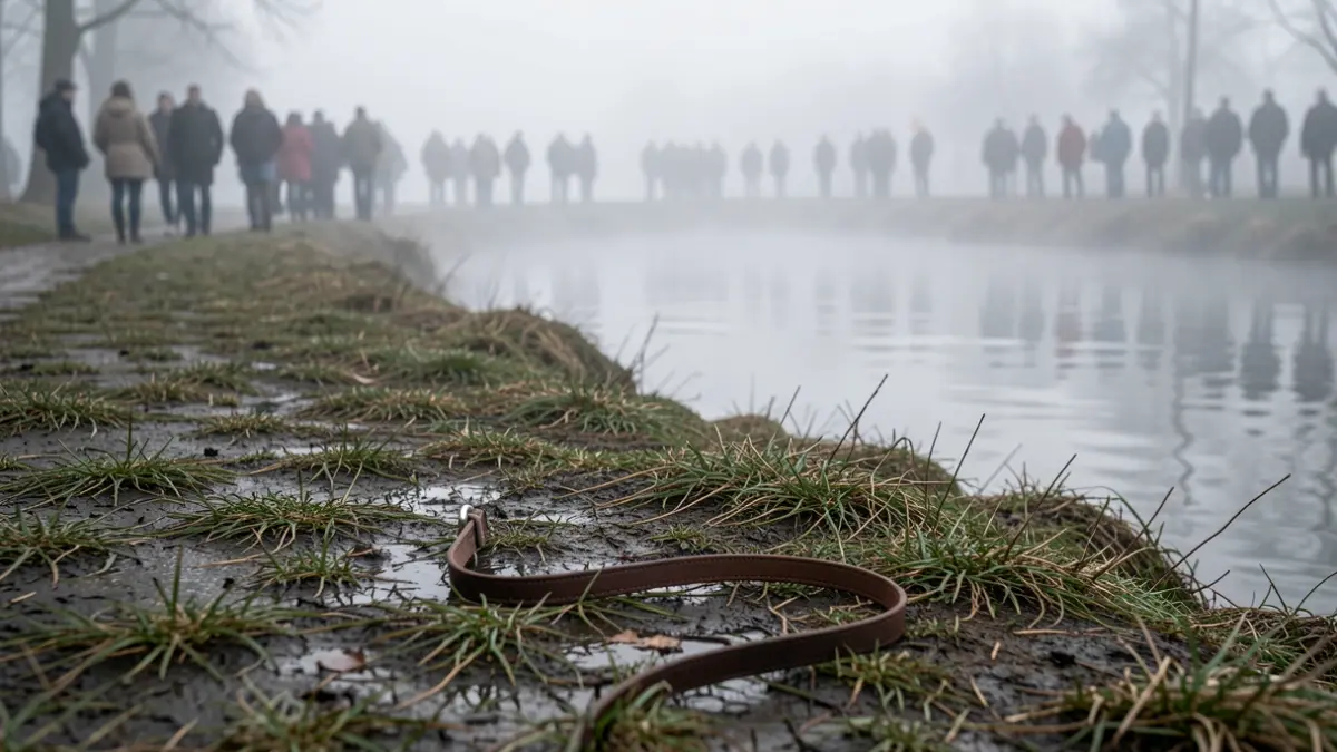 Imagen de una correa de perro vacía a la orilla de un río con niebla.