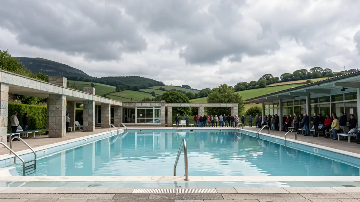 Imagen genérica de una piscina municipal gallega con arquitectura de granito.
