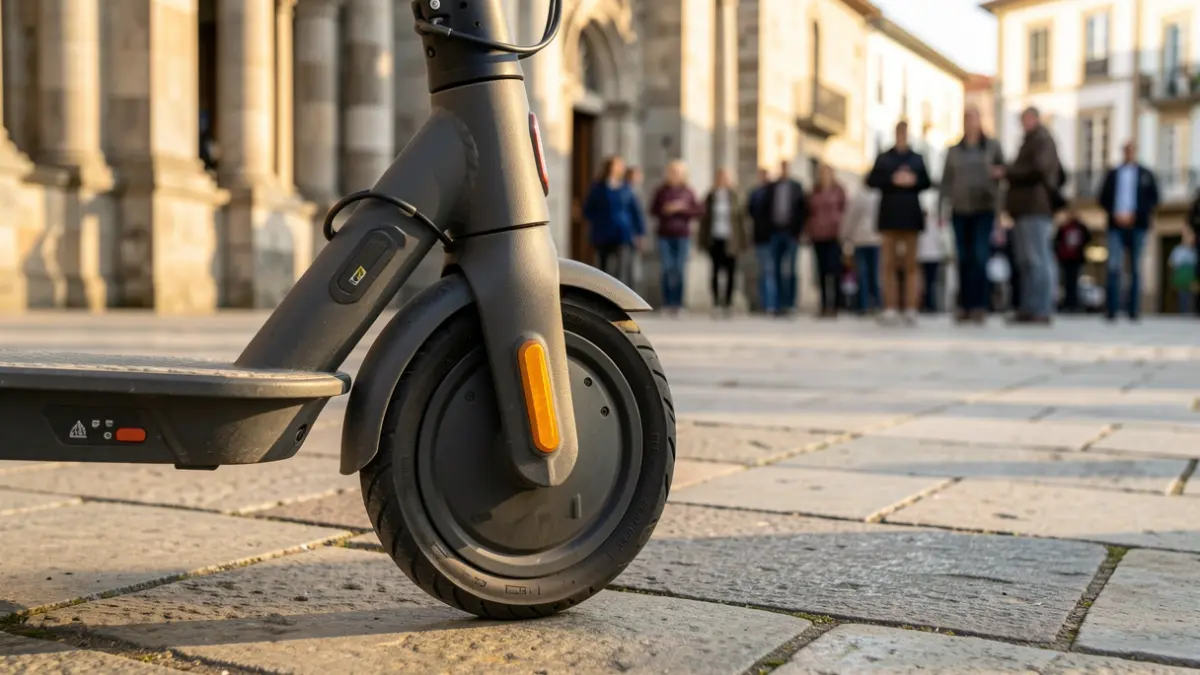 Primeira imaxe dunha roda de patinete eléctrico nunha praza de Lugo con arquitectura de granito.