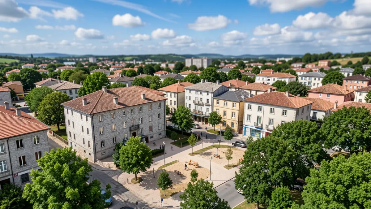 Vista aérea dun barrio residencial en Galicia con edificios de granito e árbores verdes.
