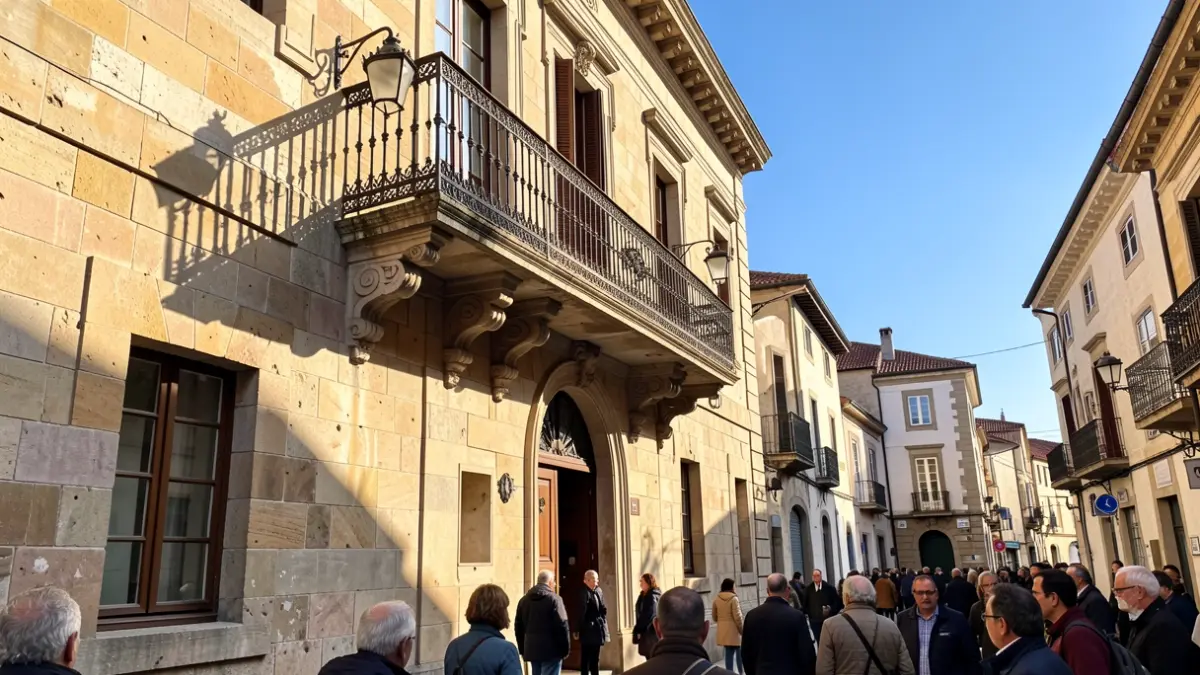 Imaxe xenérica dun concello de pedra galego con balcón ornamentado e reixas, luz solar cálida da tarde.