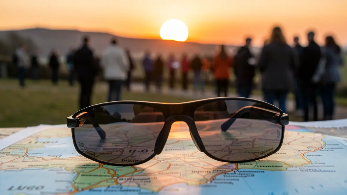 Imaxe xenérica de lentes para eclipse solar sobre un mapa da provincia de Lugo.