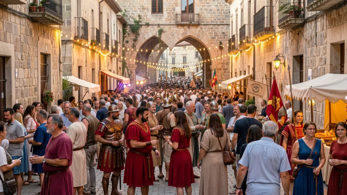 Imaxe dunha rúa de Lugo durante unha festa de recreación histórica con xente vestida de época e arquitectura antiga.