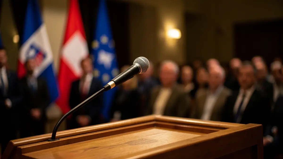 Imaxe xenérica dun micrófono nun atril, simbolizando un anuncio político.