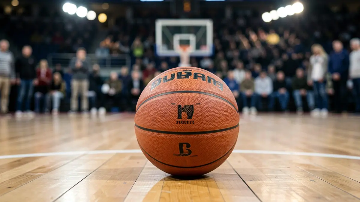 Imaxe xenérica dunha pelota de baloncesto nunha cancha, con luces do estadio desenfocadas.