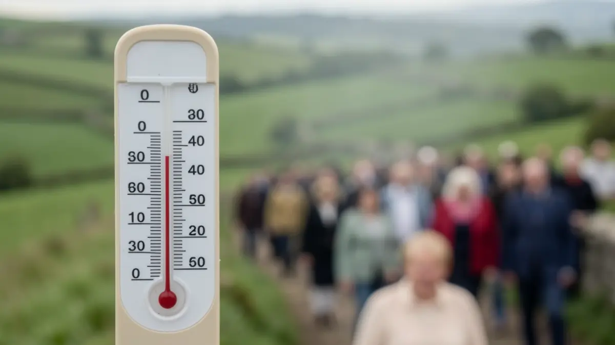 Imaxe xenérica dun termómetro mostrando alta temperatura sobre unha paisaxe galega con néboa de calor.