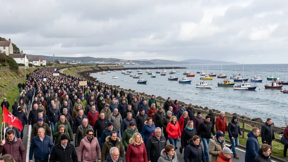 Imaxe dunha manifestación multitudinaria por terra e mar na Illa de Arousa contra proxectos industriais.