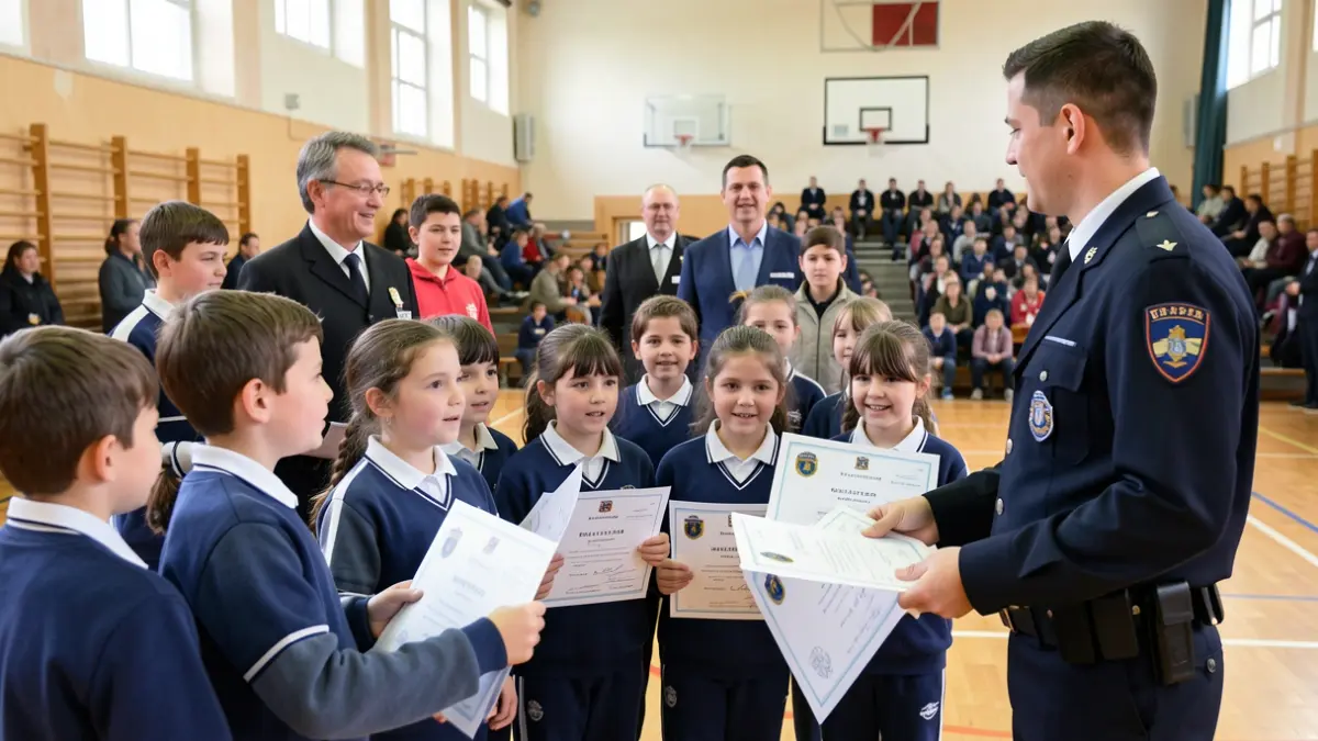 Imagen genérica de niños recibiendo certificados de ciberexpertos de la policía en un pabellón.