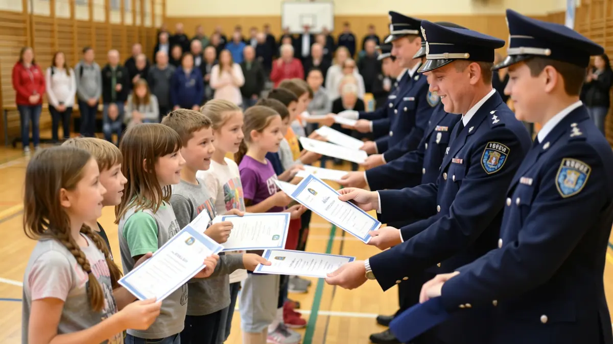 Imagen genérica de policías entregando certificados a estudiantes en un pabellón deportivo.