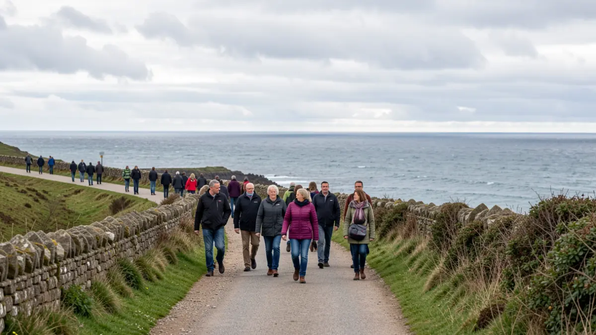 Imaxe xenérica dun grupo de persoas camiñando por unha ruta costeira en Galicia.