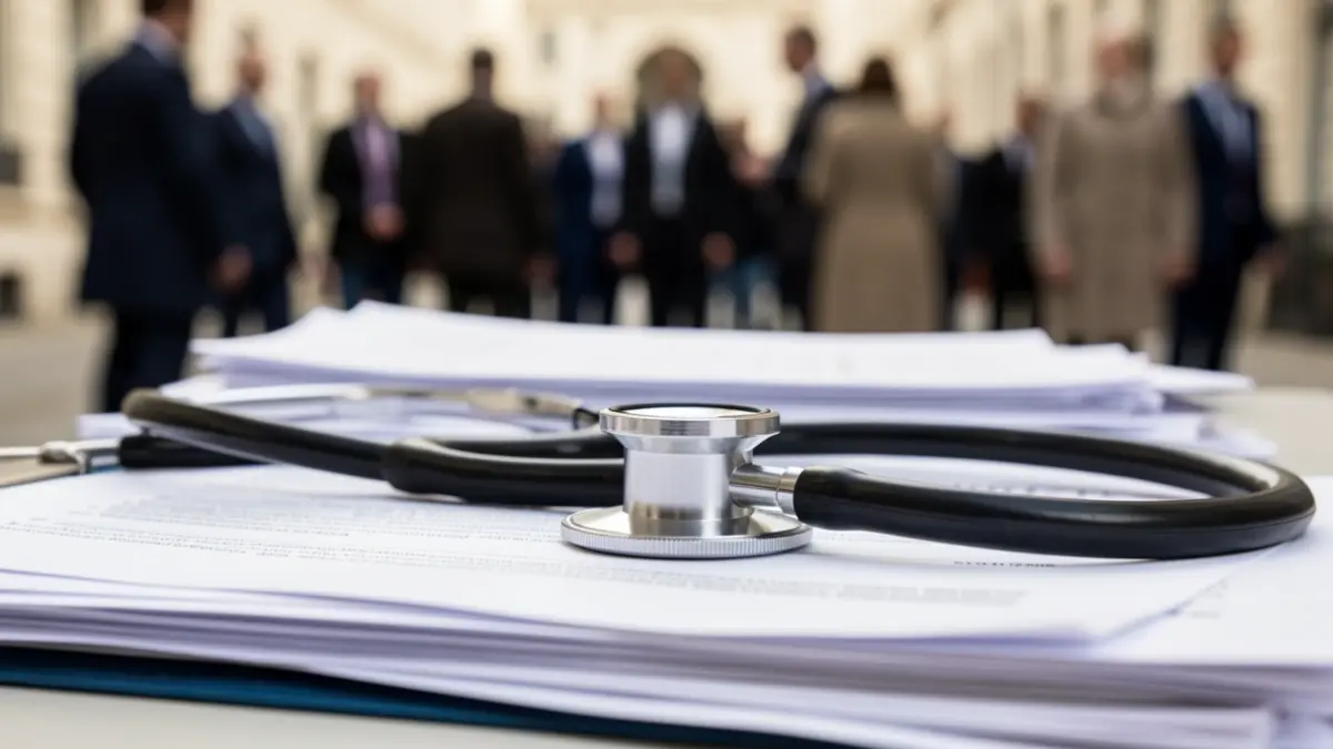 Imaxe xenérica dun estetoscopio sobre documentos, simbolizando citas médicas suspendidas.