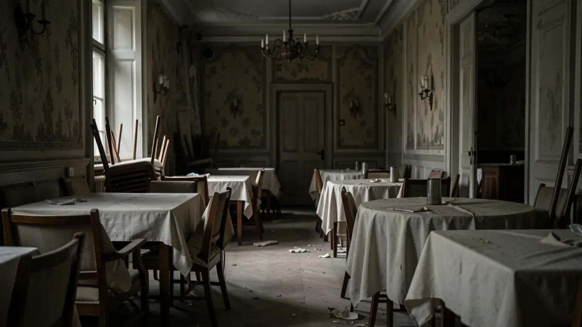 Imaxe dun interior de restaurante baleiro e escuro en Galicia, con mesas cubertas e cadeiras apiladas, suxerindo un peche prolongado.