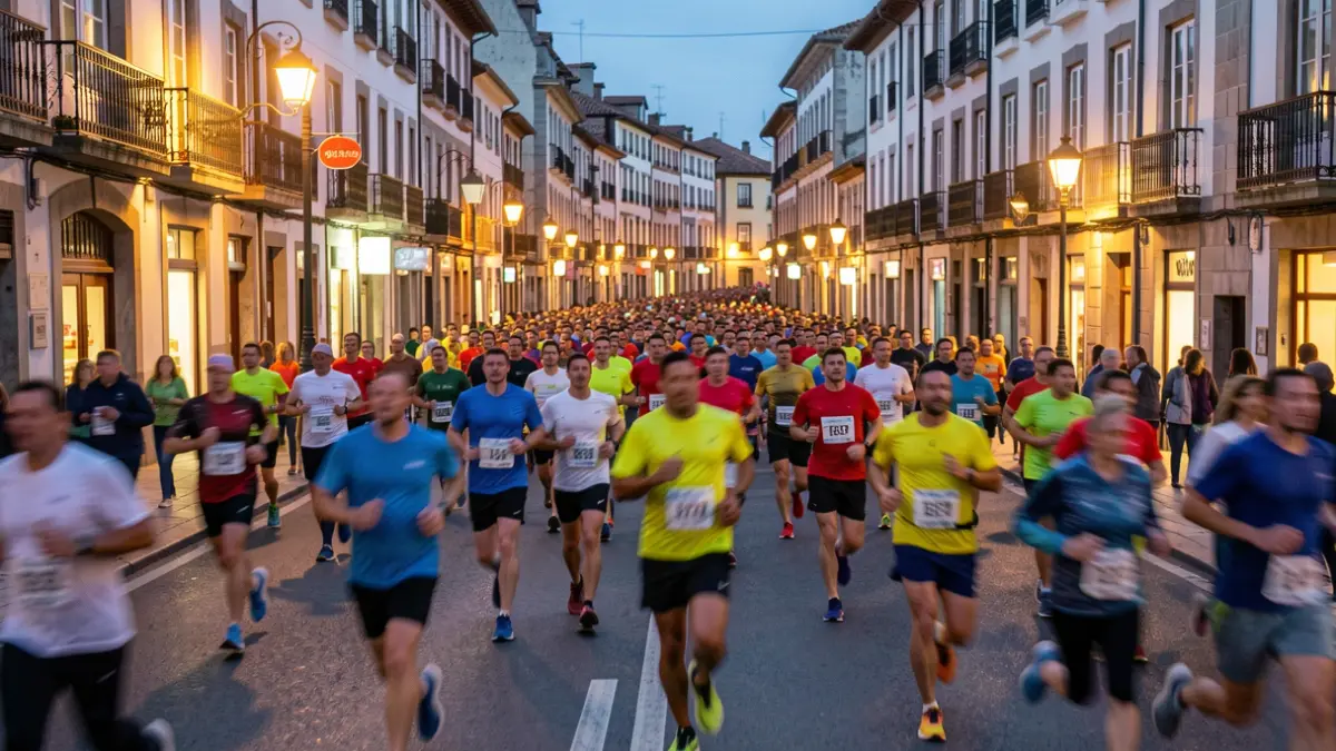 Imaxe xenérica de corredores nunha carreira urbana ao anoitecer.