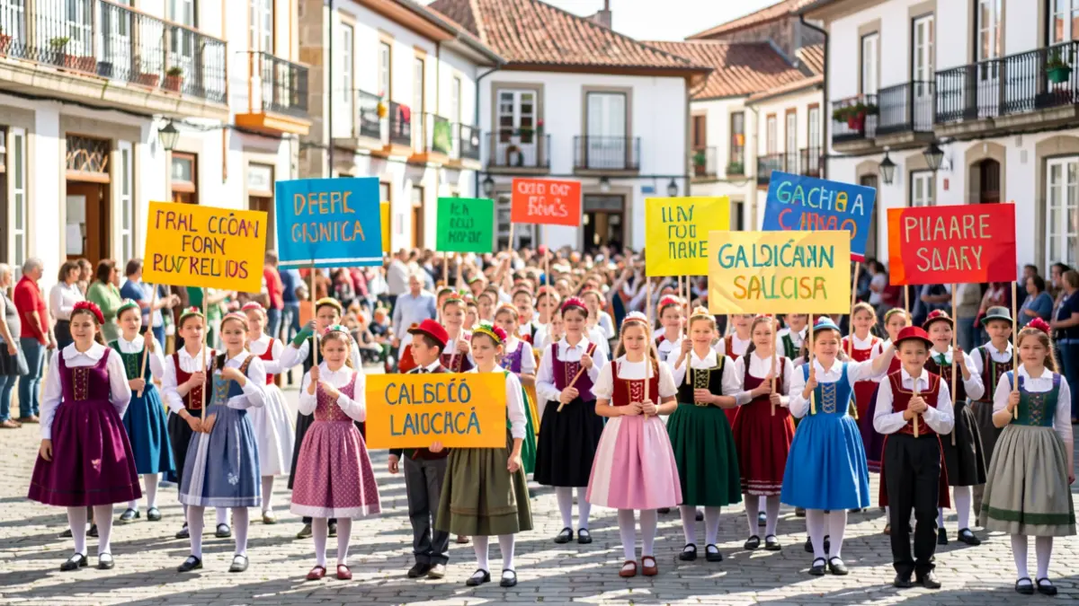 Imaxe xenérica dun evento escolar festivo celebrando a lingua galega nunha praza.