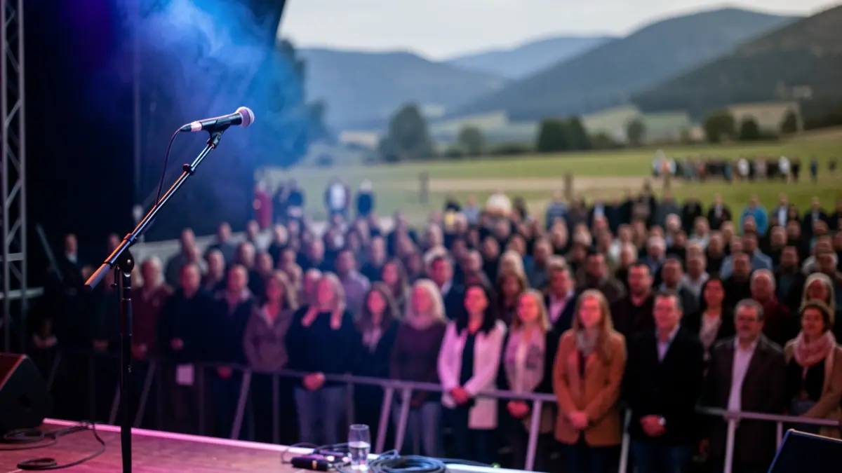 Imagen genérica de un escenario de concierto con luces y público difuminado.
