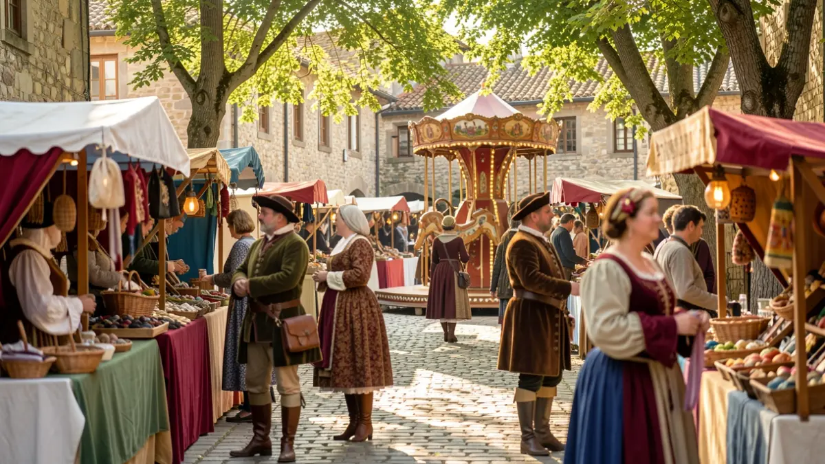 Imaxe xenérica dunha feira medieval cun mercado artesanal e animación nas rúas de Manzaneda.
