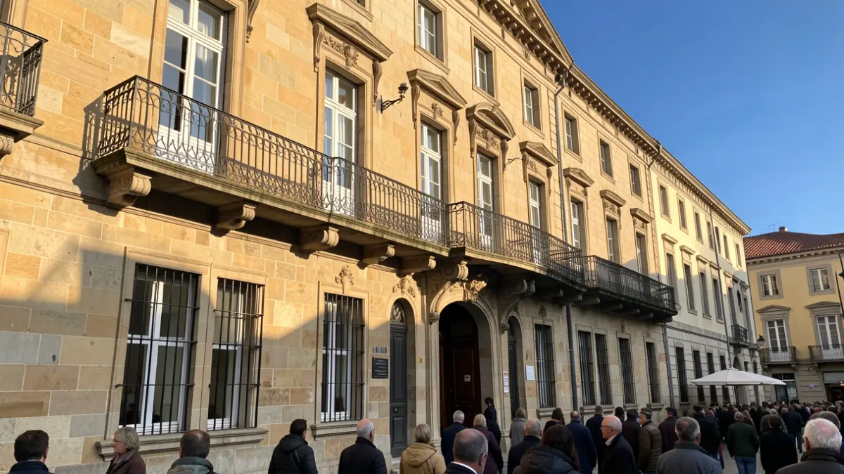 Imagen genérica de una fachada de ayuntamiento de piedra gallego con balcón ornamentado y barandillas de hierro, cálida luz solar de la tarde.