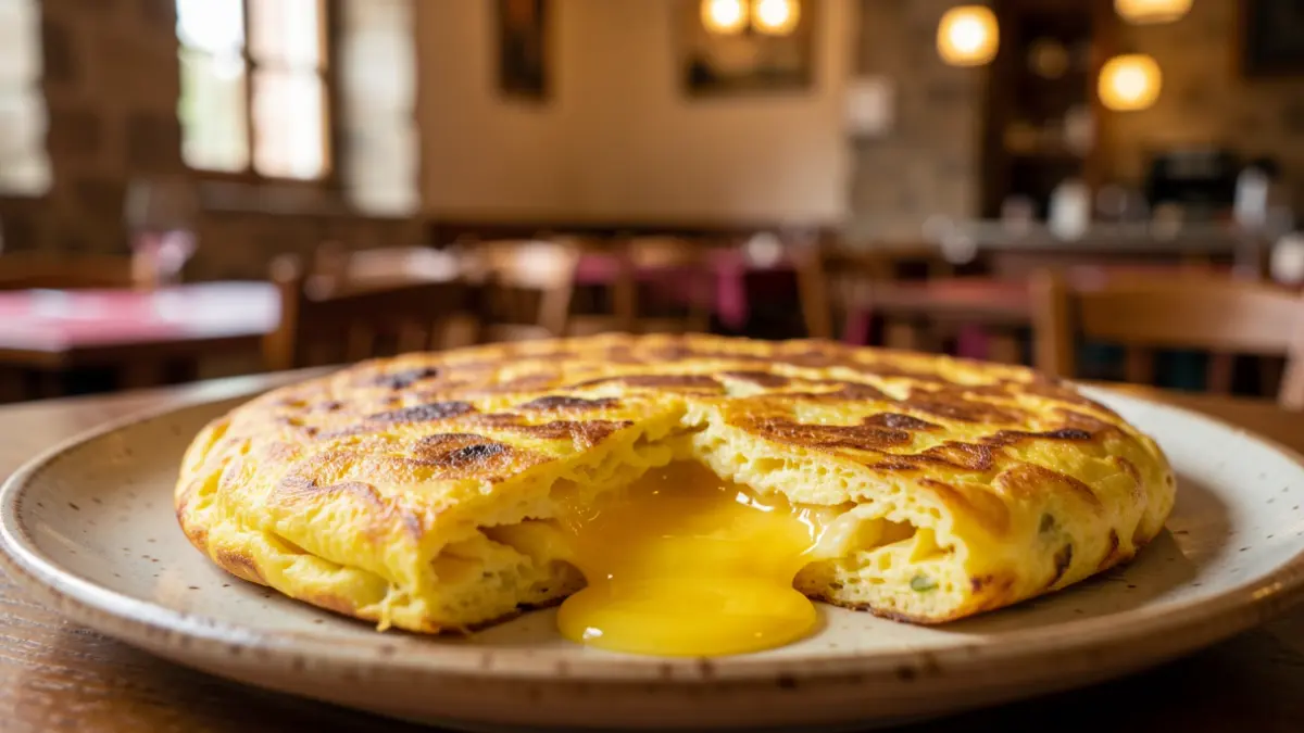 Primeiro plano dunha tortilla de Betanzos con interior líquido, servida nun prato rústico nun restaurante galego.