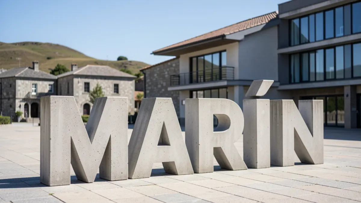 Letras corpóreas con el nombre de Marín situadas en la plaza junto al nuevo auditorio.