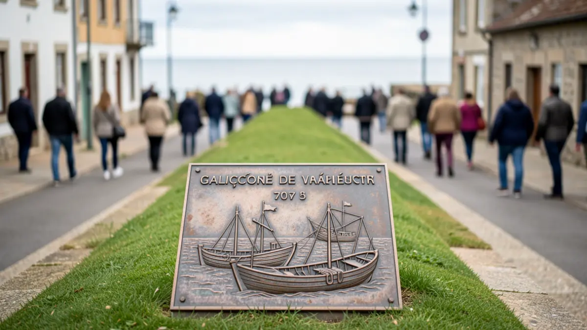 Placa de aceiro cunha inscrición en galego e o relevo de barcos de pesca tradicionais, instalada nunha zona axardinada preto do mar.