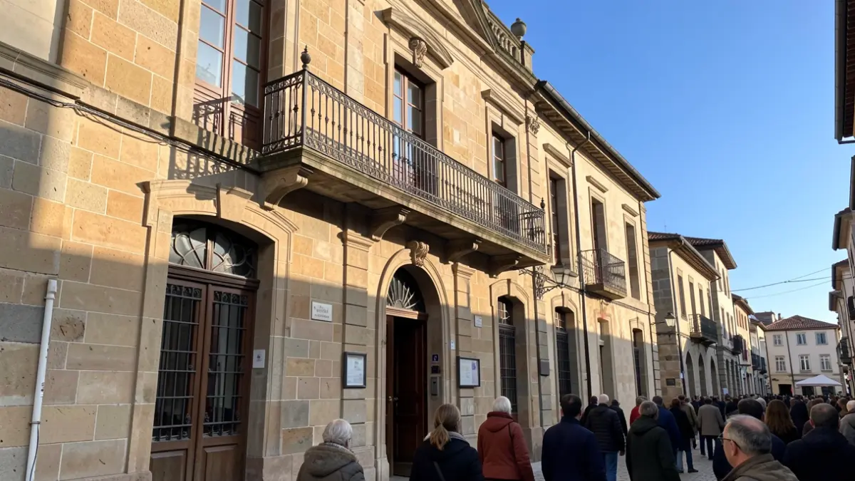 Imagen genérica de un ayuntamiento de piedra gallego con balcón de hierro, a la luz del sol de la tarde.