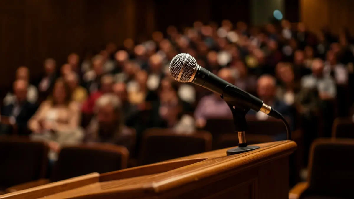 Imagen genérica de un micrófono en un auditorio vacío.