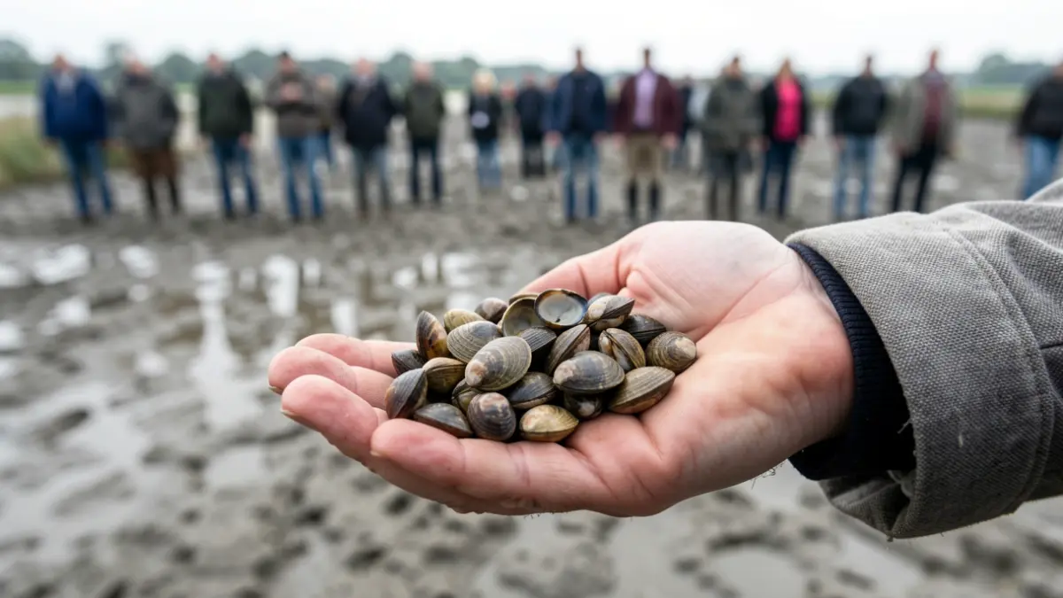 Primer plano de una mano sujetando berberechos y almejas en un estuario.