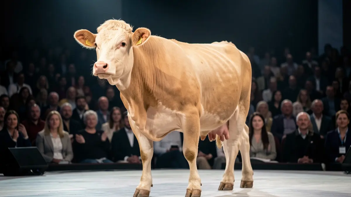 Imagen genérica de una vaca rubia gallega en un escenario.