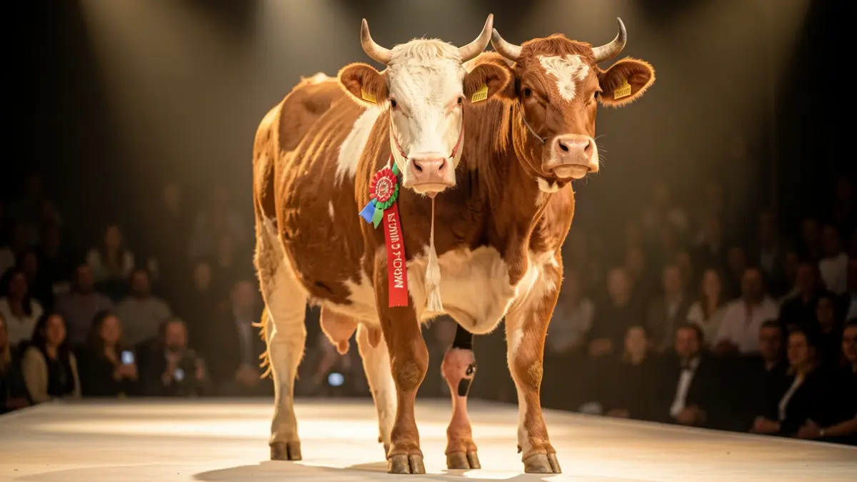 Imagen de una vaca rubia gallega elegante y tranquila en un escenario, representando el certamen 'Miss Vaca Galicia'.